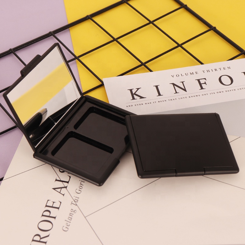 Fancy empty plastic black square blush packing case empty cosmetic compact powder case with mirror