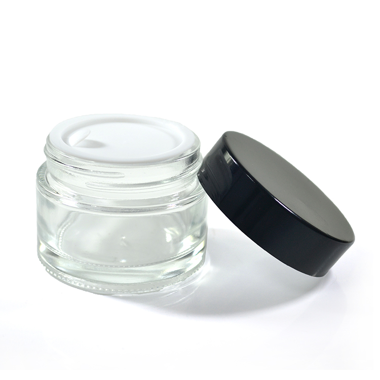 Fancy factory price cosmetic container 1oz 2oz 15g 30g 50g 100g glass frosted clear face cream jar with black wood lid