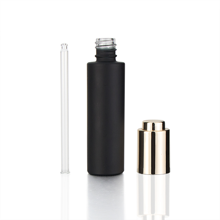 Fancy label 30ml push button pump black thick cylinder glass cosmetic dropper packaging bottle with dropper or press pump