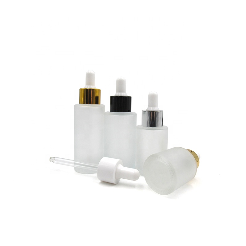 Fancy packaging 30ml 1 oz face serum flat shoulder clear amber frosted glass oil bottle with dropper