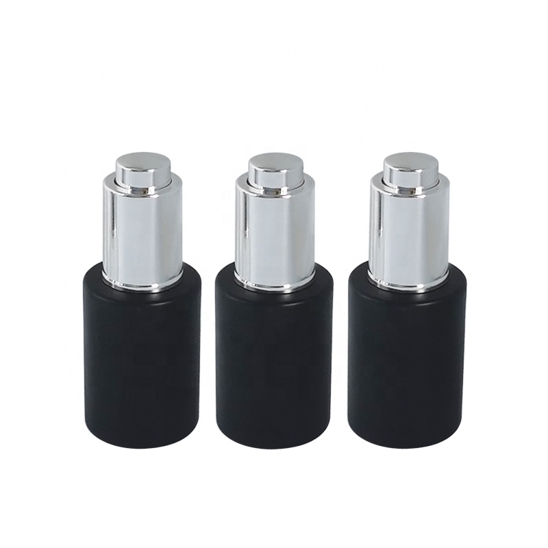 Fancy round 30ml printing push button pump clear white black glass cosmetic dropper packaging bottle with dropper