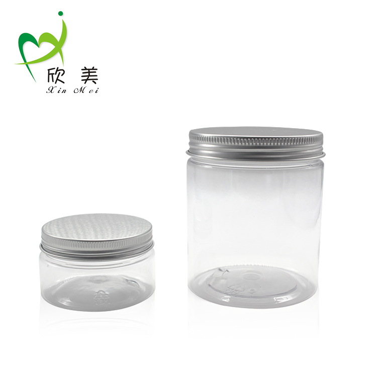 Fancy screw empty round white 300ml 4oz 50g empty pp 10g pet jar aluminum lid 250ml Black PET jar with aluminum lid
