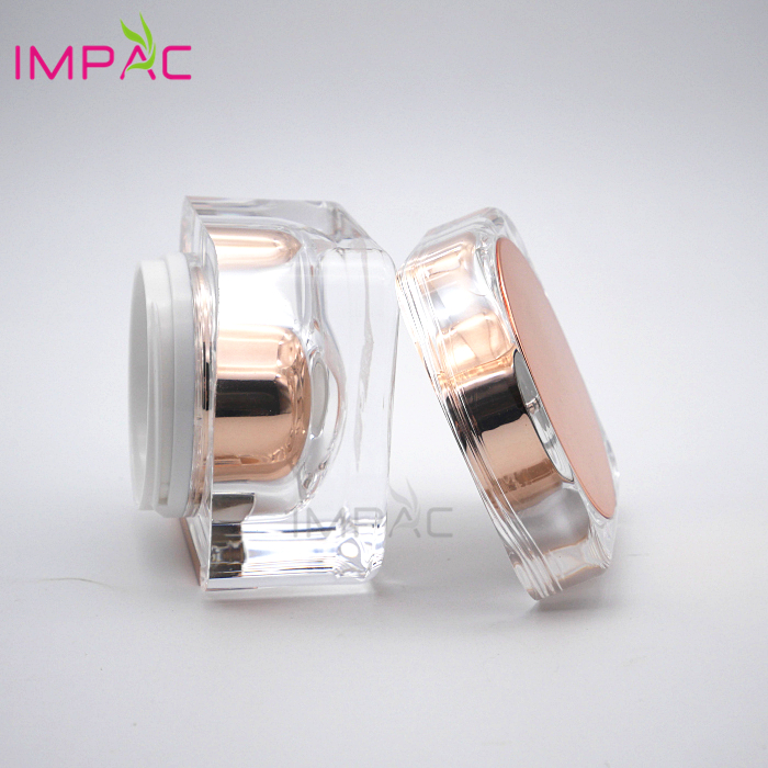 Fancy special square acrylic cosmetic rose gold jar 50ml for luxury facial cream