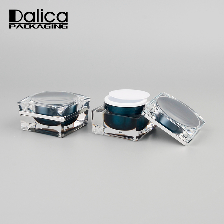 Fancy square cosmetic empty blue seal lid serum plastic jar