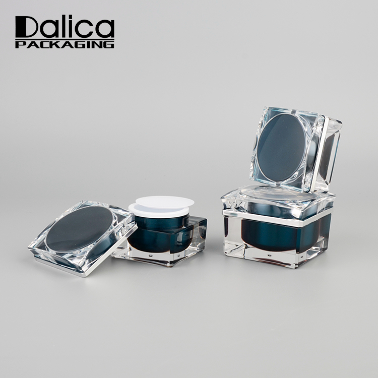 Fancy square cosmetic empty blue seal lid serum plastic jar