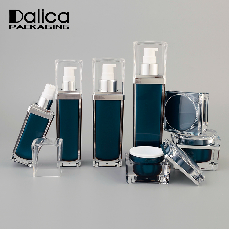 Fancy square cosmetic empty blue seal lid serum plastic jar