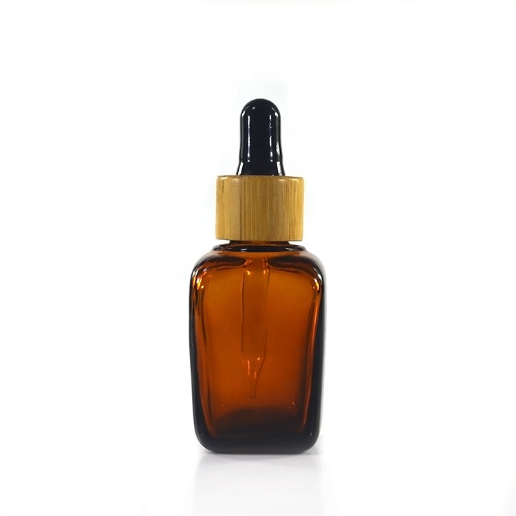 Fancy square cosmetic hair oil 10ml 15ml 20ml 30ml 50ml 100ml clear amber essential oil glass dropper bottle with bamboo caps