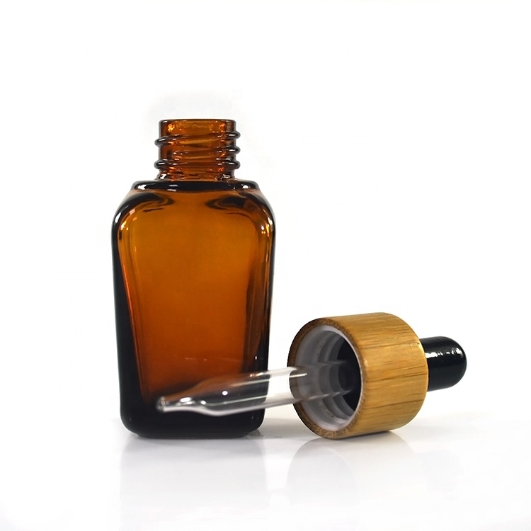 Fancy square cosmetic hair oil 10ml 15ml 20ml 30ml 50ml 100ml clear amber essential oil glass dropper bottle with bamboo caps
