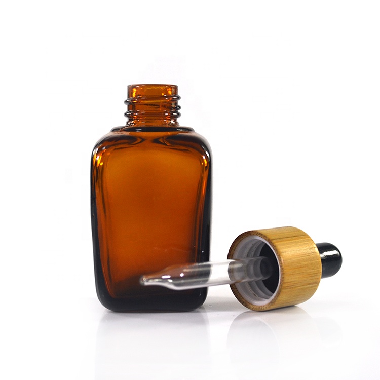 Fancy square cosmetic hair oil 10ml 15ml 20ml 30ml 50ml 100ml clear amber essential oil glass dropper bottle with bamboo caps