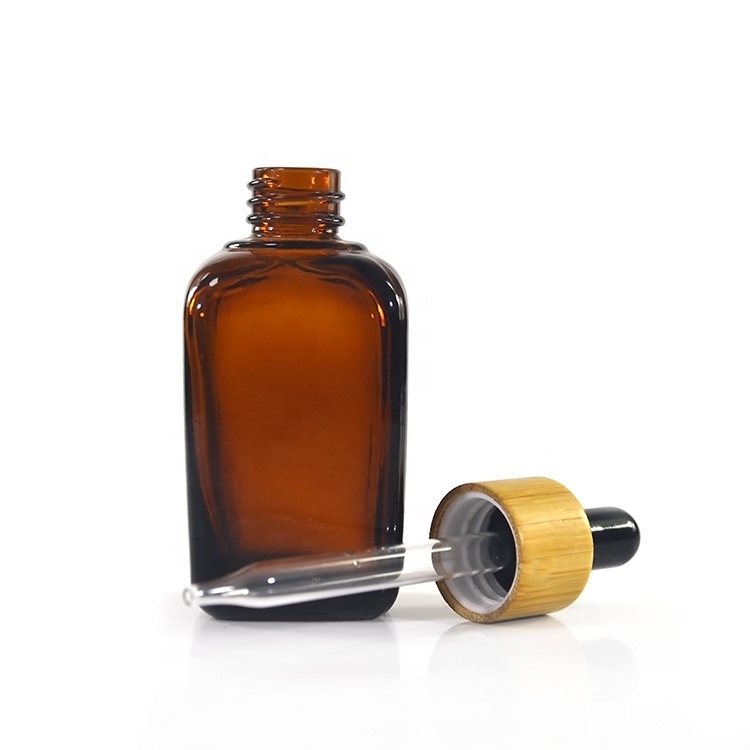 Fancy square cosmetic hair oil 10ml 15ml 20ml 30ml 50ml 100ml clear amber essential oil glass dropper bottle with bamboo caps