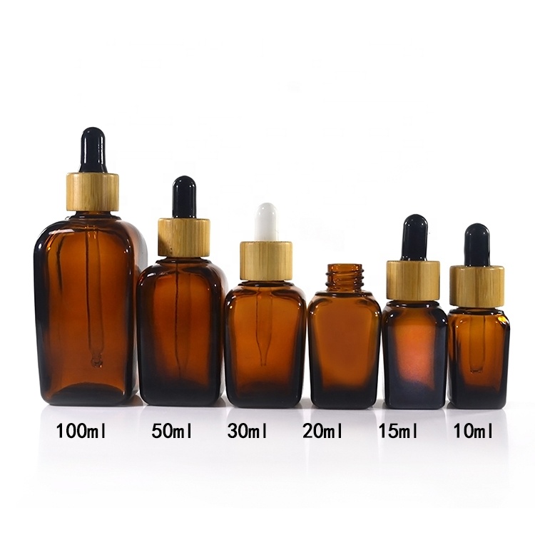 Fancy square cosmetic hair oil 10ml 15ml 20ml 30ml 50ml 100ml clear amber essential oil glass dropper bottle with bamboo caps