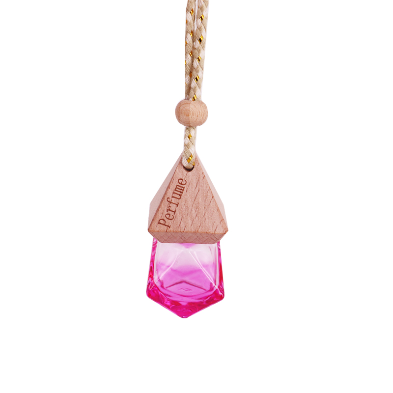 Fashion Colorful Gradient 5ml 6ml rhombus Shape Hanging Car Perfume Glass Bottle With Triangle Wooden Cap