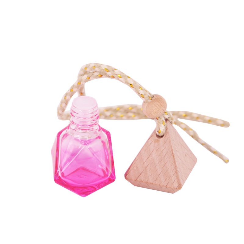Fashion Colorful Gradient 5ml 6ml rhombus Shape Hanging Car Perfume Glass Bottle With Triangle Wooden Cap