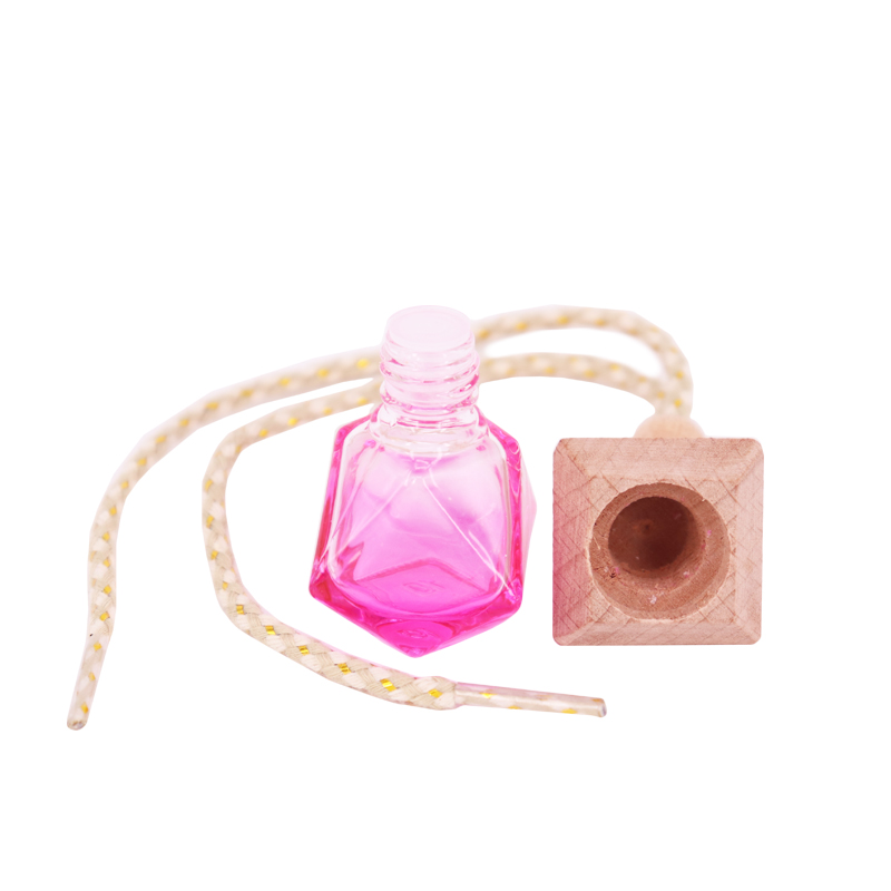 Fashion Colorful Gradient 5ml 6ml rhombus Shape Hanging Car Perfume Glass Bottle With Triangle Wooden Cap