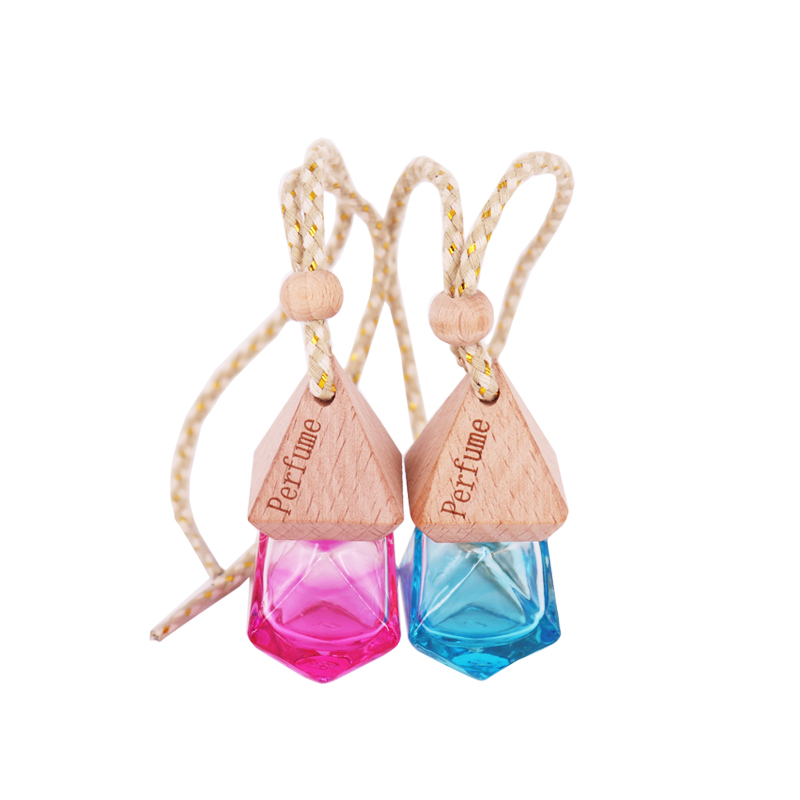 Fashion Colorful Gradient 5ml 6ml rhombus Shape Hanging Car Perfume Glass Bottle With Triangle Wooden Cap