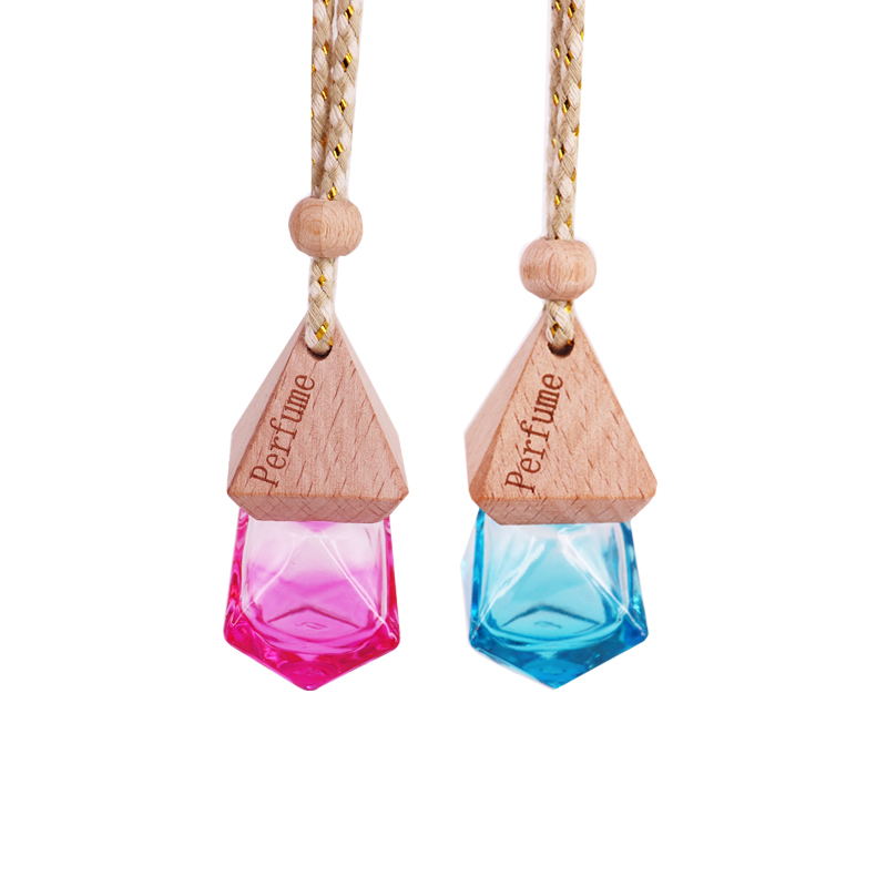 Fashion Colorful Gradient 5ml 6ml rhombus Shape Hanging Car Perfume Glass Bottle With Triangle Wooden Cap