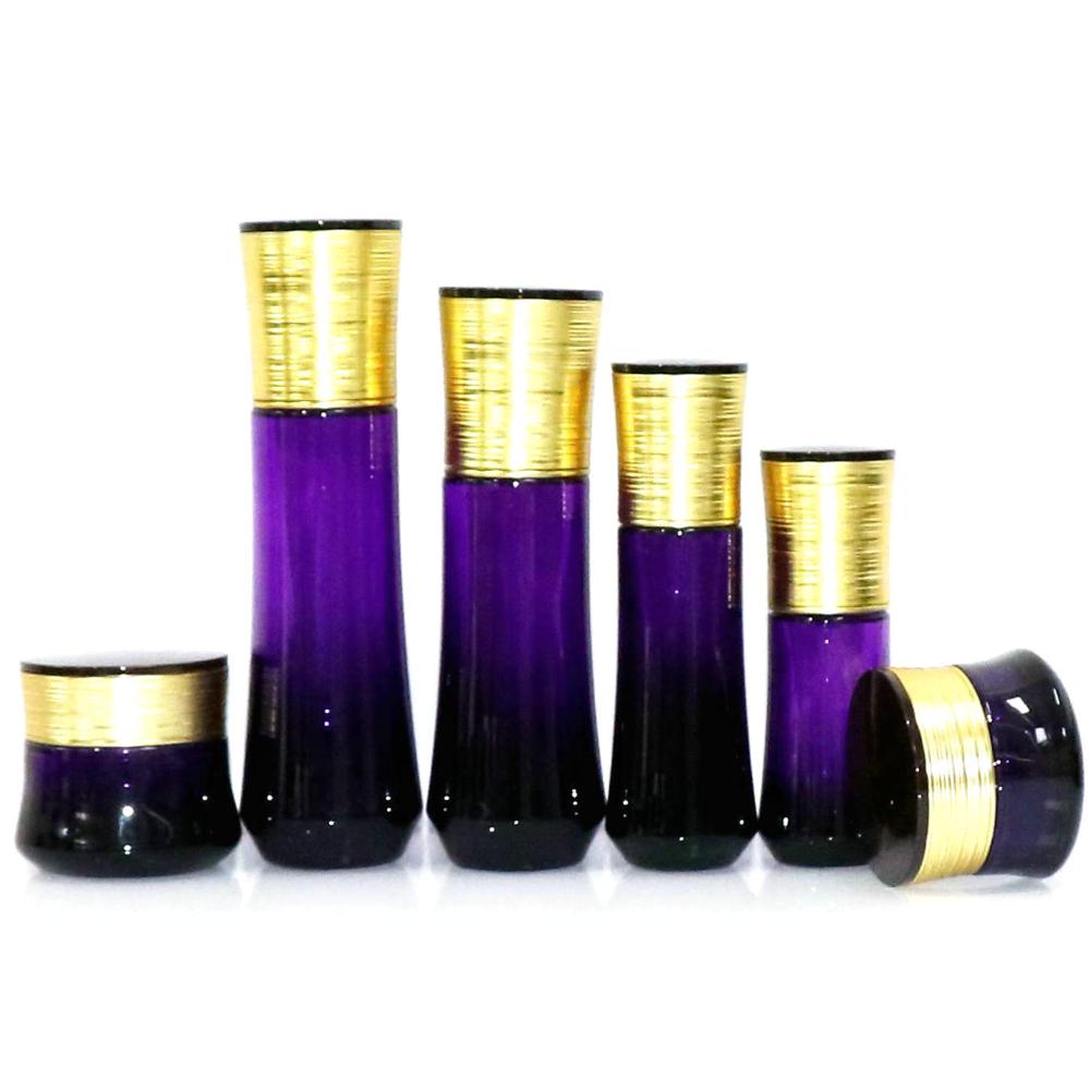 Fashion Cosmetic Packaging Sets Elegant Purple Empty Glass Lotion Pump Bottle and Jar
