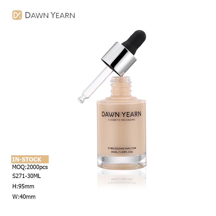 Fashion Custom OEM cylindrical foundation glass bottle dropper premium 30ml serum essential oils bottles