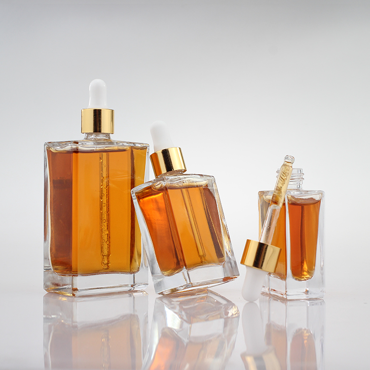 Fashion Design 30ml 50ml 100ml Square Glass Cosmetic Luxury Essential Oil Dropper Bottle