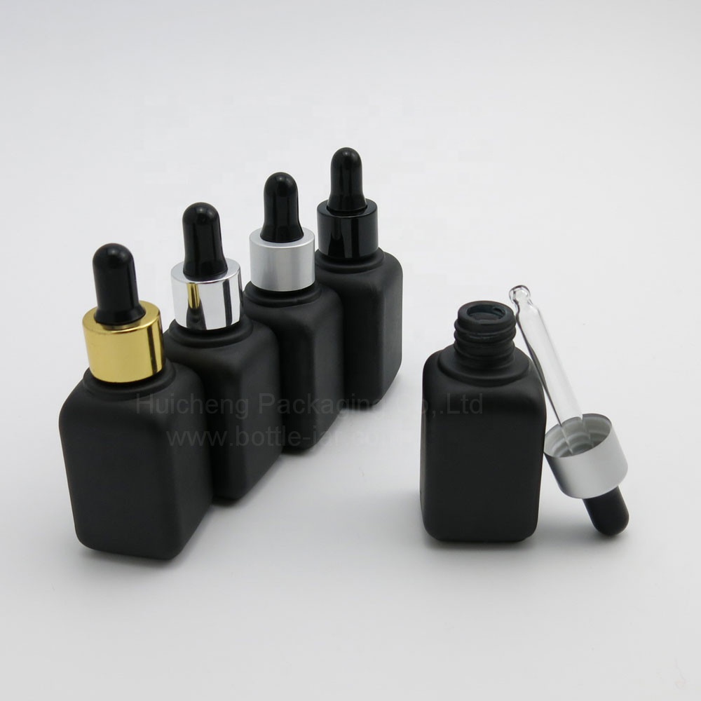 Fashion Design 30ml black square glass cosmetic serum dropper bottle
