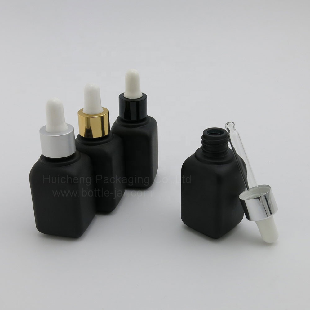 Fashion Design 30ml black square glass cosmetic serum dropper bottle