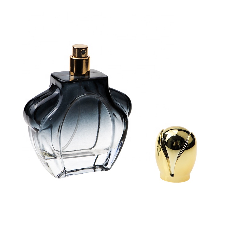 Fashion Design Unique Shaped Black Gradient Empty 100ml Glass Perfume Bottle With Gold Cap