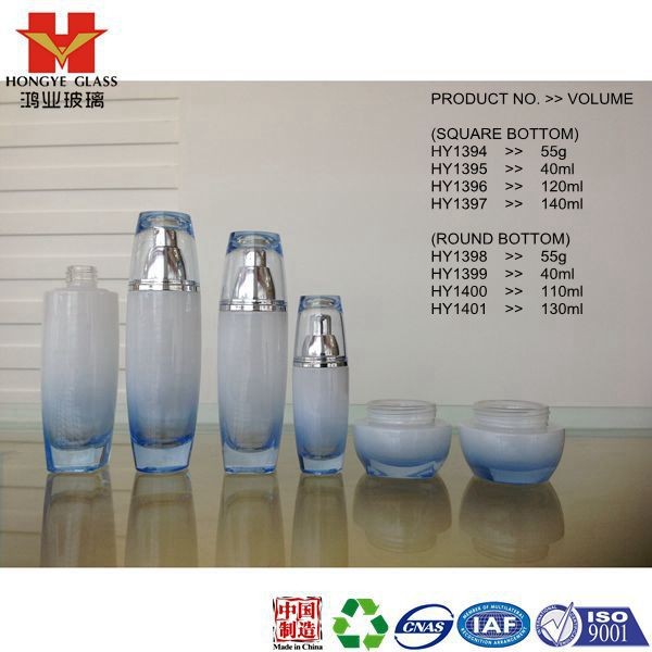 Fashion Packaging blue white color empty cosmetic sets spray glass bottle with pump HY1398 round bottom