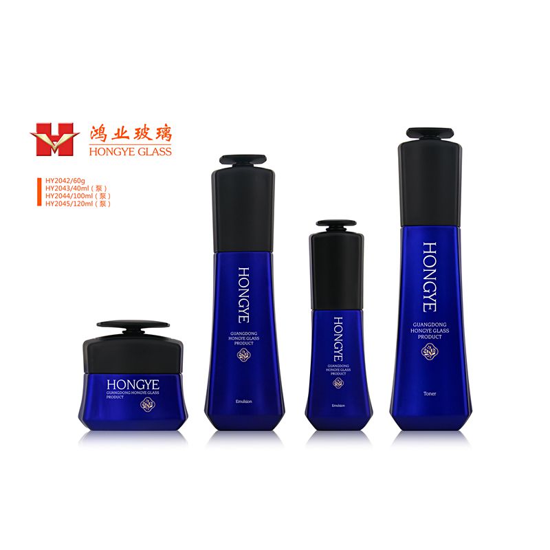 Fashion Packaging sea blue color empty cosmetic sets spray glass bottle with pump HY2042