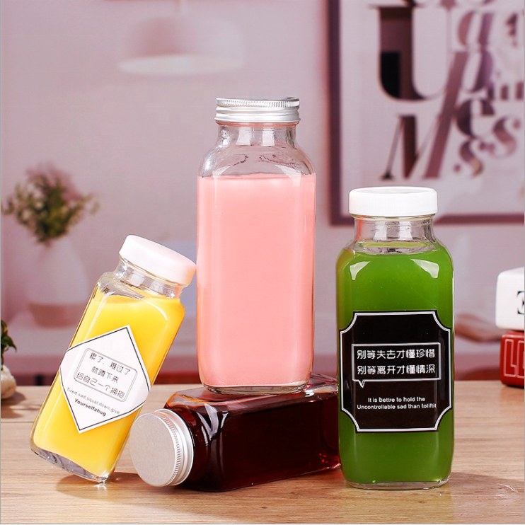 Fashion Portable Recycled 12oz Square Cold Pressing Juice Milk Glass Bottle