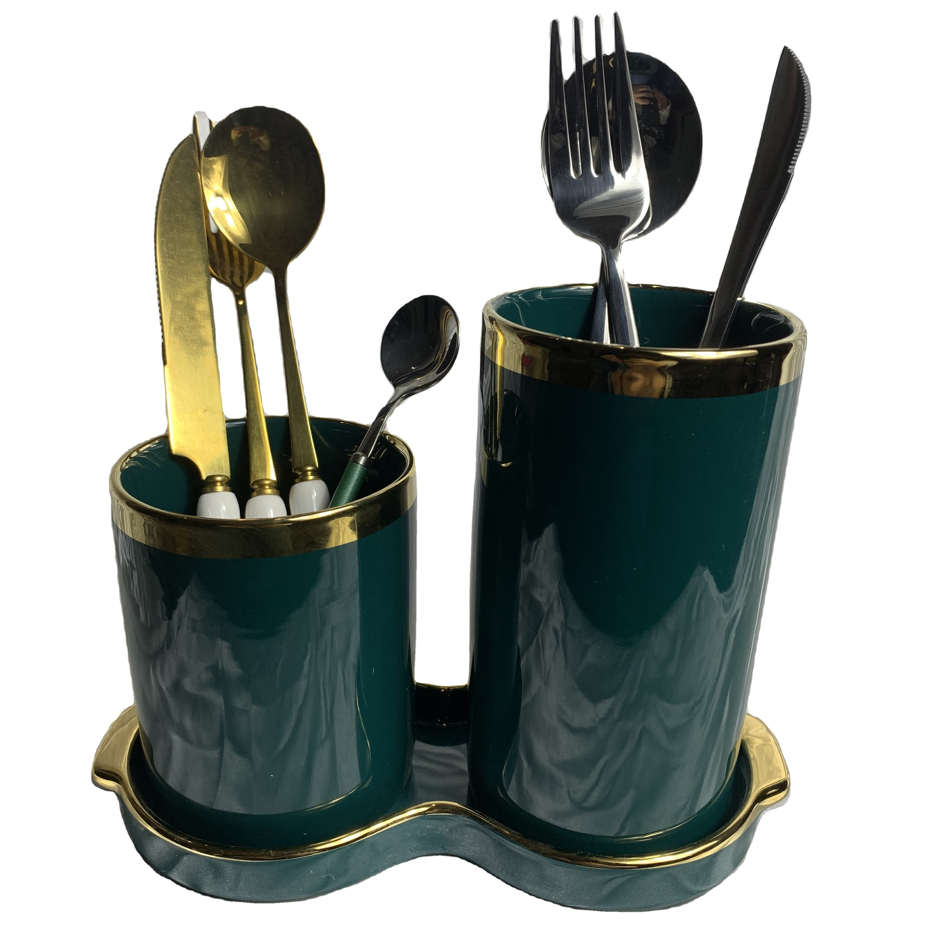 Fashion Style Set of 2 Ceramics Kitchen Utensil Storage Holder with Tray Organizer Tool Jar Golden Rim Vase Farmhouse Home Decor
