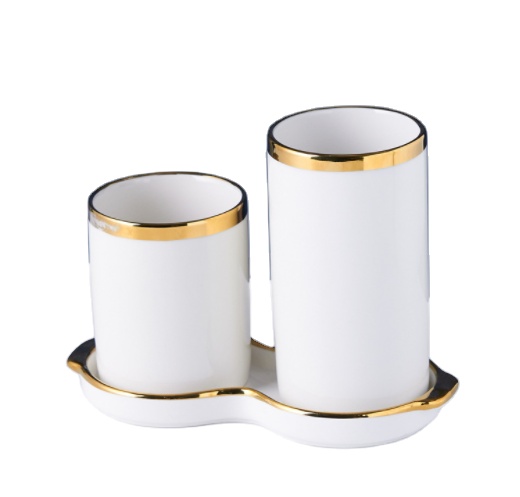 Fashion Style Set of 2 Ceramics Kitchen Utensil Storage Holder with Tray Organizer Tool Jar Golden Rim Vase Farmhouse Home Decor