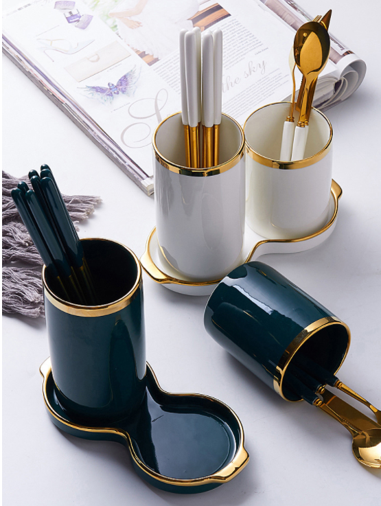 Fashion Style Set of 2 Ceramics Kitchen Utensil Storage Holder with Tray Organizer Tool Jar Golden Rim Vase Farmhouse Home Decor
