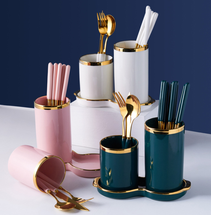 Fashion Style Set of 2 Ceramics Kitchen Utensil Storage Holder with Tray Organizer Tool Jar Golden Rim Vase Farmhouse Home Decor
