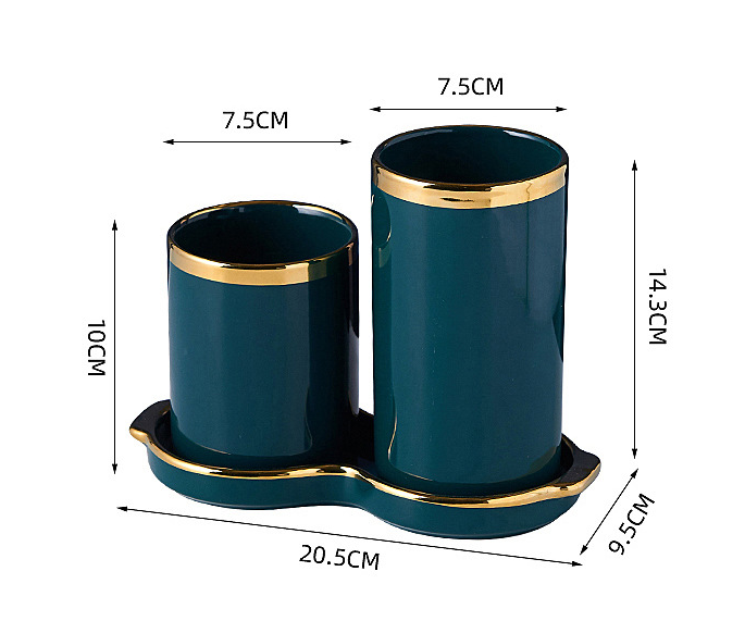 Fashion Style Set of 2 Ceramics Kitchen Utensil Storage Holder with Tray Organizer Tool Jar Golden Rim Vase Farmhouse Home Decor