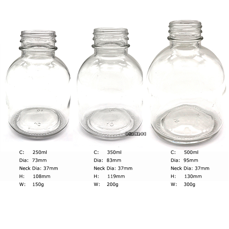 Fat Round Beverage Glass Bottle 250ml 350ml 500ml with Anti-theft Lids