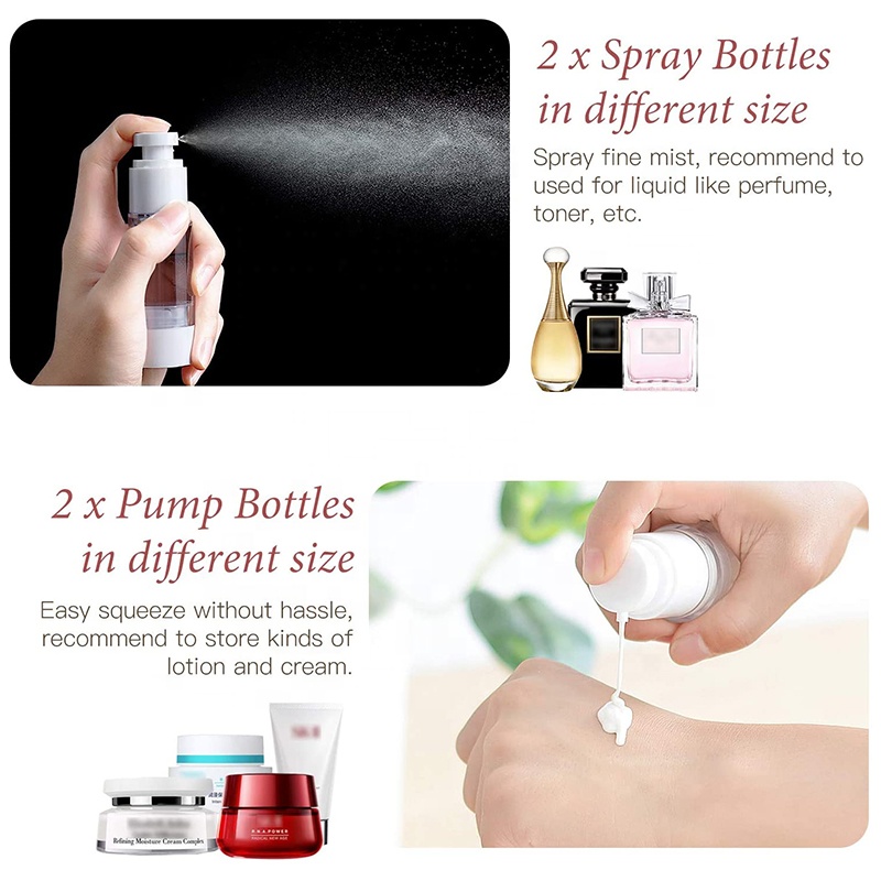 Fine Mist Spray Bottles and Lotion Pump Bottles Set Leak Proof Toiletries Airless Pump Bottle
