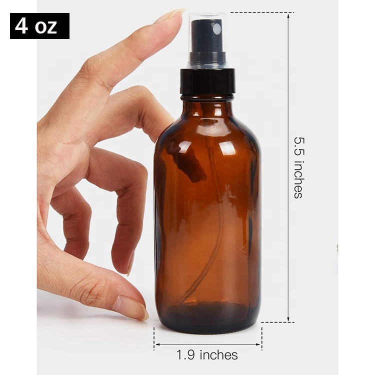 Fine Mist Sprayers 4 oz Amber Boston Round Glass Bottles Empty Spray Atomizer for Essential Oils Aromatherapy Cosmetic Sprays