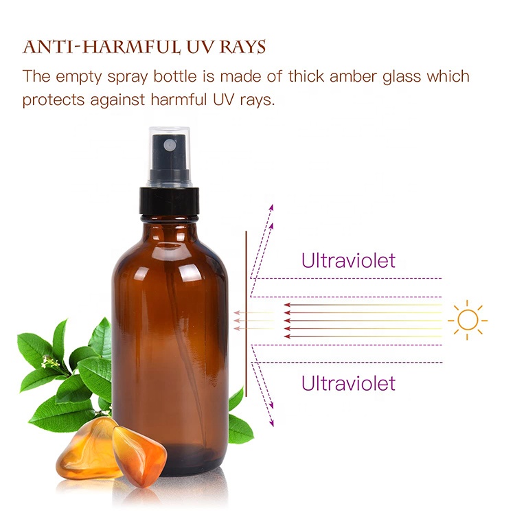 Fine Mist Sprayers 4 oz Amber Boston Round Glass Bottles Empty Spray Atomizer for Essential Oils Aromatherapy Cosmetic Sprays