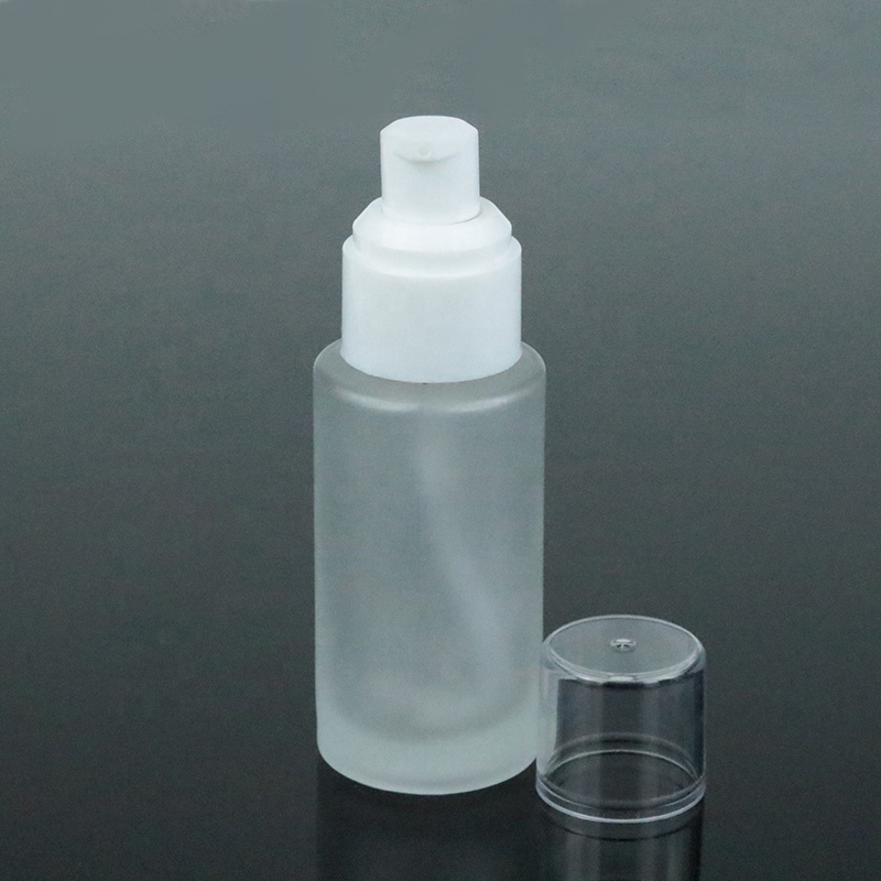Flat Cylinder 30ml 50ml 60ml 100ml empty skincare frosted glass cosmetic bottle with pump (EPG13)