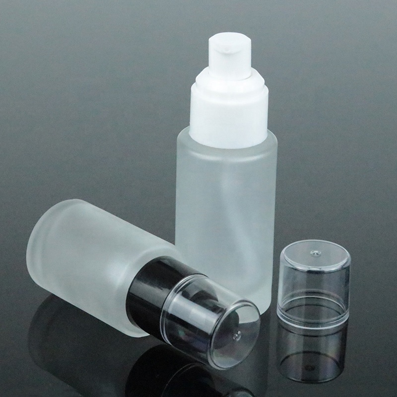 Flat Cylinder 30ml 50ml 60ml 100ml empty skincare frosted glass cosmetic bottle with pump (EPG13)