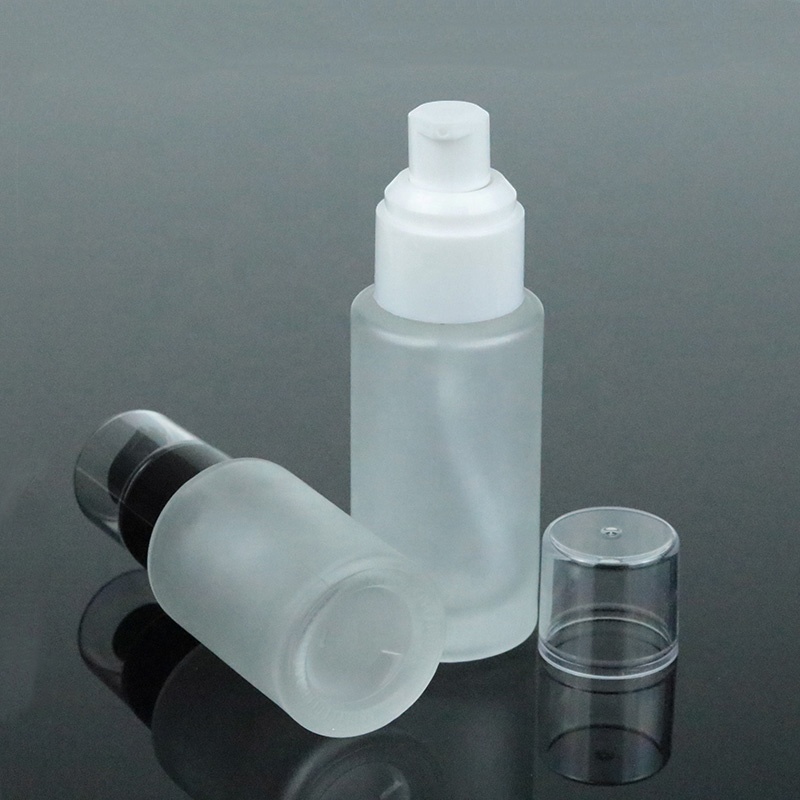 Flat Cylinder 30ml 50ml 60ml 100ml empty skincare frosted glass cosmetic bottle with pump (EPG13)