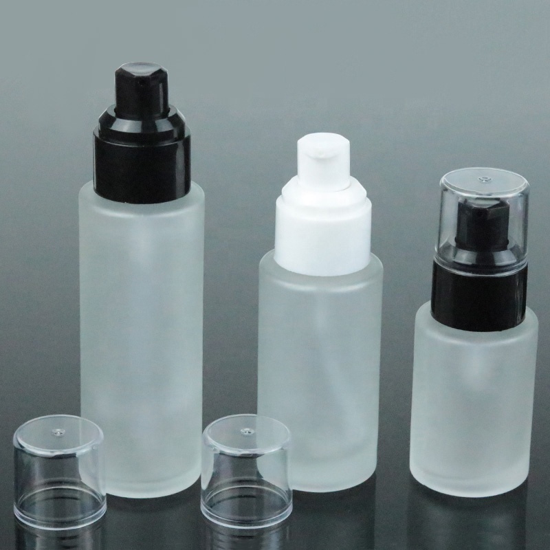 Flat Cylinder 30ml 50ml 60ml 100ml empty skincare frosted glass cosmetic bottle with pump (EPG13)