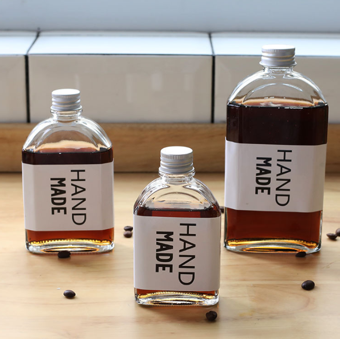 Flat Flask Shape With Aluminum Cap For Iced Cold Brew Coffee 100ml 200ml 250ml 350ml Glass Bottle