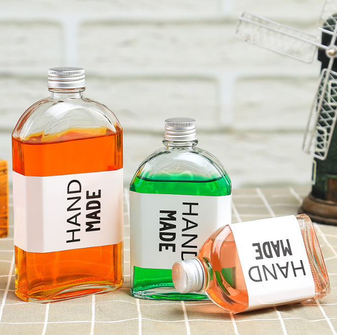 Flat Flask Shape With Aluminum Cap For Iced Cold Brew Coffee 100ml 200ml 250ml 350ml Glass Bottle