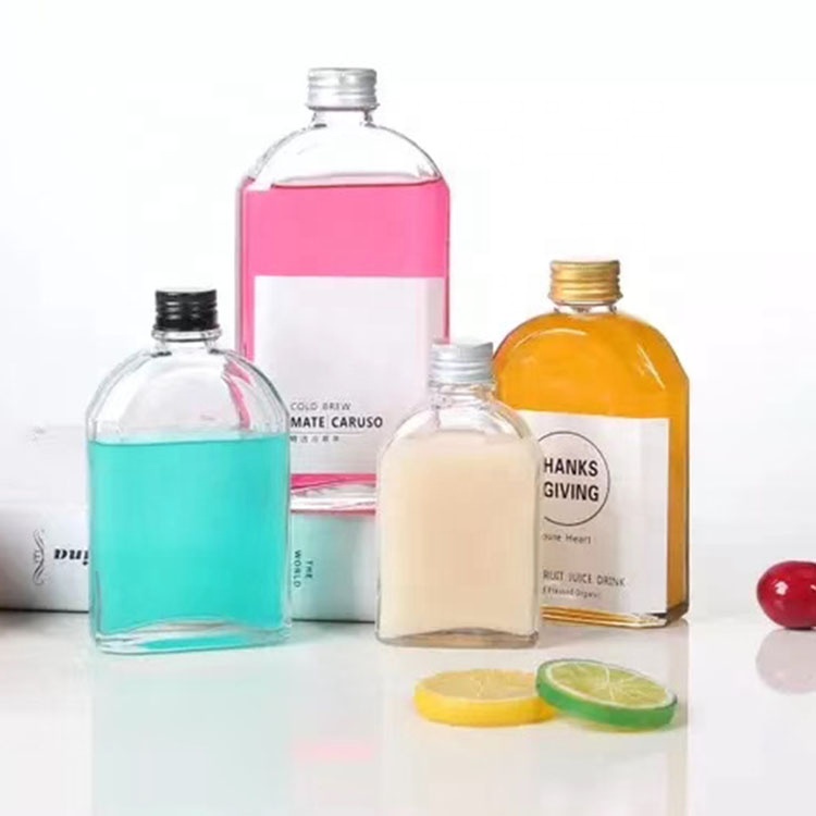 Flat Glass Bottle 100ml 200ml 250ml 350ml Glass Beverage Juice Bottle Coffee bottle with Lid