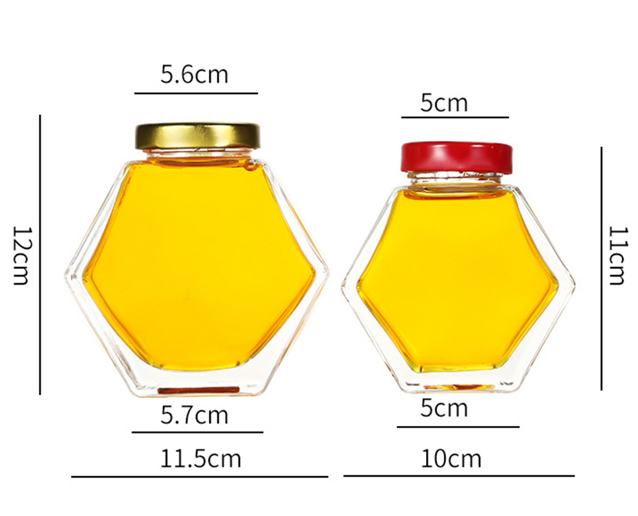 Flat Hexagon Glass Jam Jar 380ml 100ml Honey Jar Glass with Twist Off Golden Tin Lid