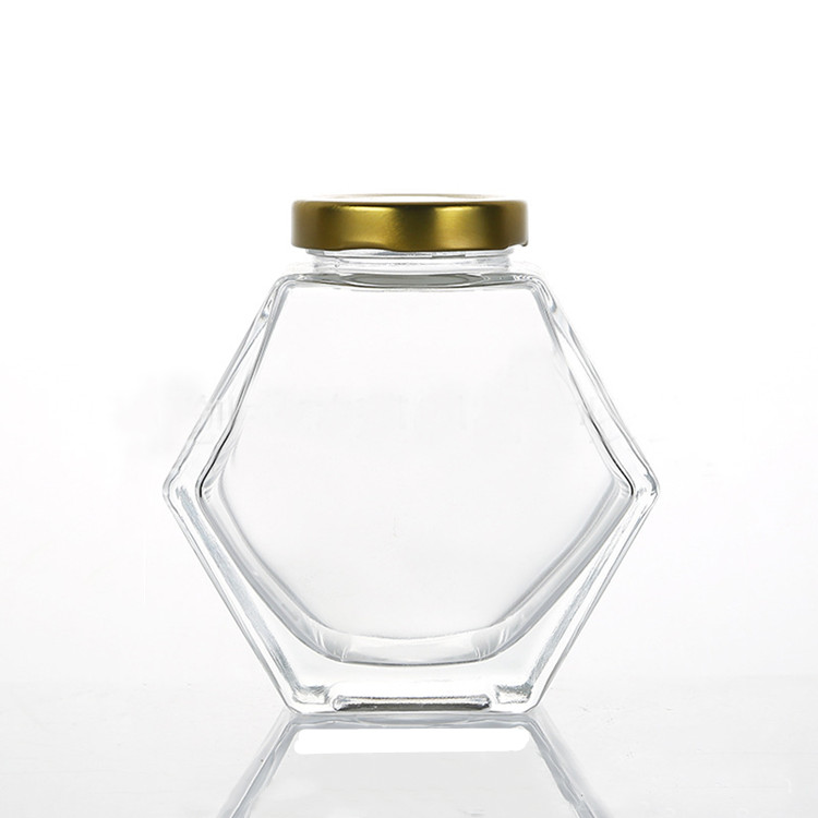 Flat Hexagon Glass Jam Jar 380ml 100ml Honey Jar Glass with Twist Off Golden Tin Lid
