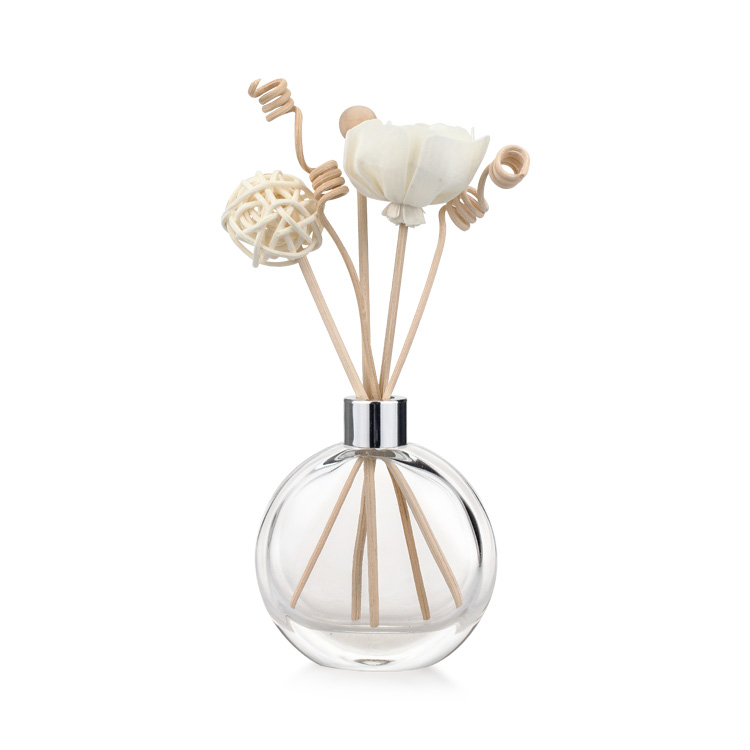 Flat Round Empty Air Freshener Aroma Glass Reed Diffuser Bottle with Rattan Sticks