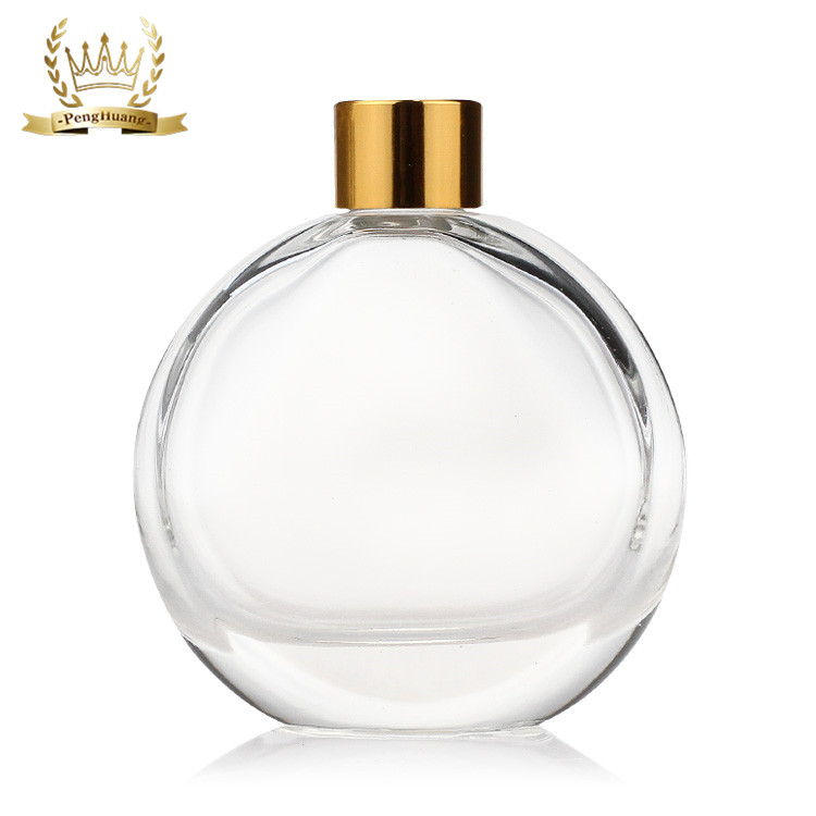 Flat Round Empty Air Freshener Aroma Glass Reed Diffuser Bottle with Rattan Sticks