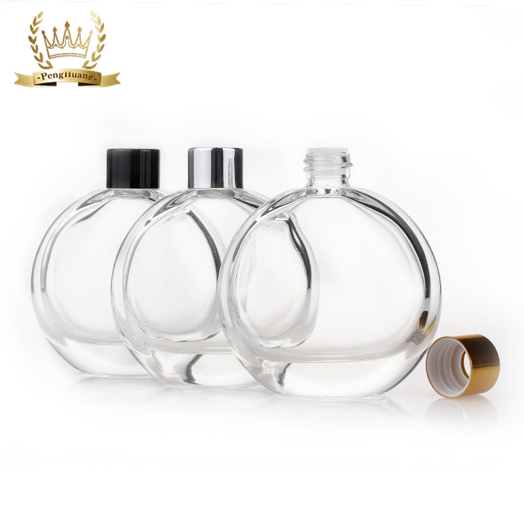 Flat Round Empty Air Freshener Aroma Glass Reed Diffuser Bottle with Rattan Sticks